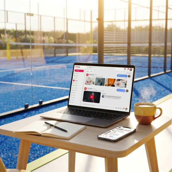 A wooden desk outdoors by a tennis court. The desk has a laptop, notepad and pen, phone, and coffee.