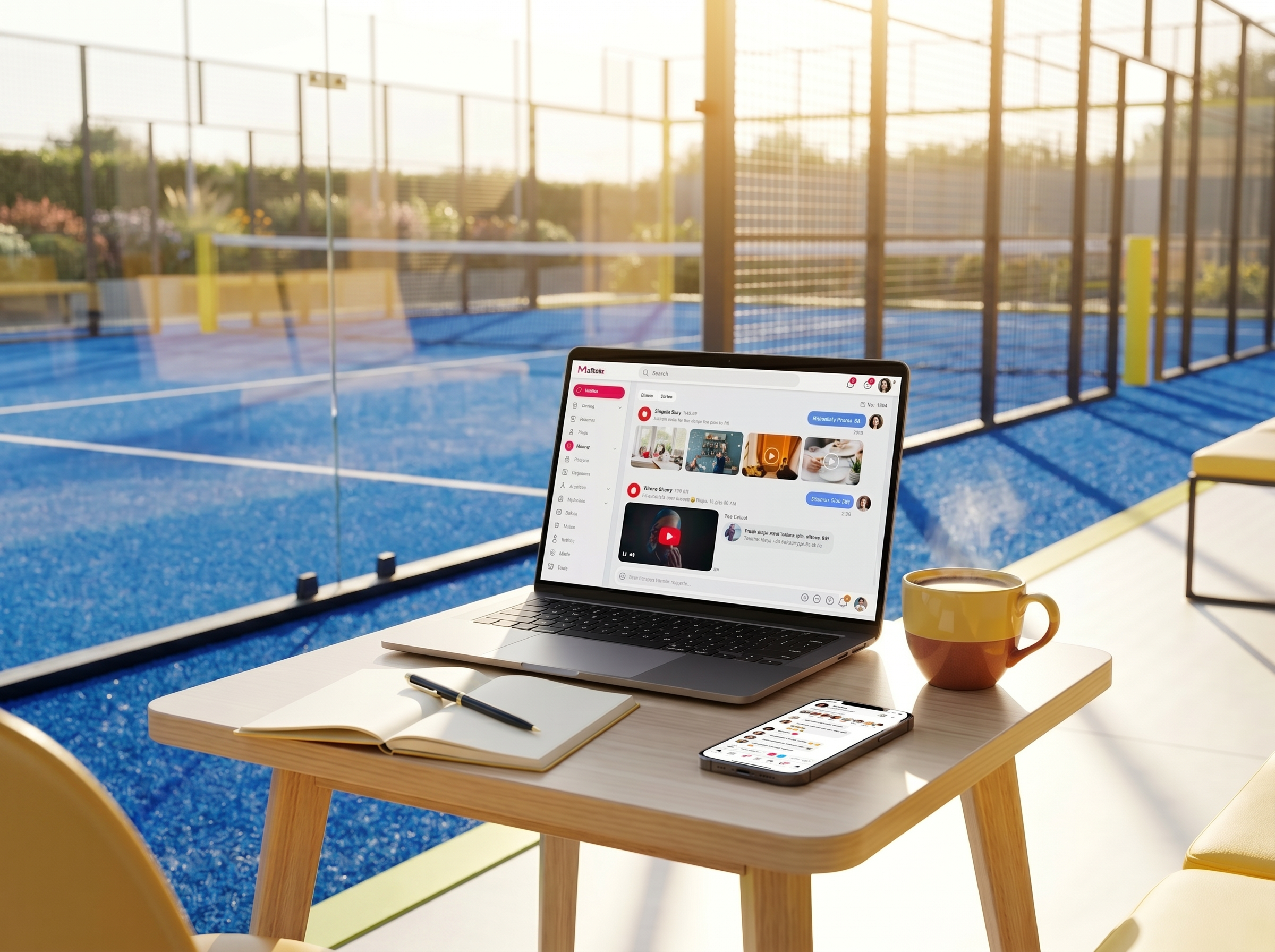 A wooden desk outdoors by a tennis court. The desk has a laptop, notepad and pen, phone, and coffee.