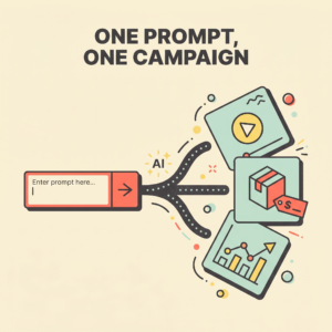 One prompt, one campaign. A single AI prompt leading to multiple options including video, graphics, and education.