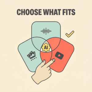 Choose what fits. A venn diagram with AI in the centre and three shapes representing video, sound and pictures.