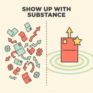 Show up with substance. A graphic showing mixed messages on one side and a single consistent message on the other.