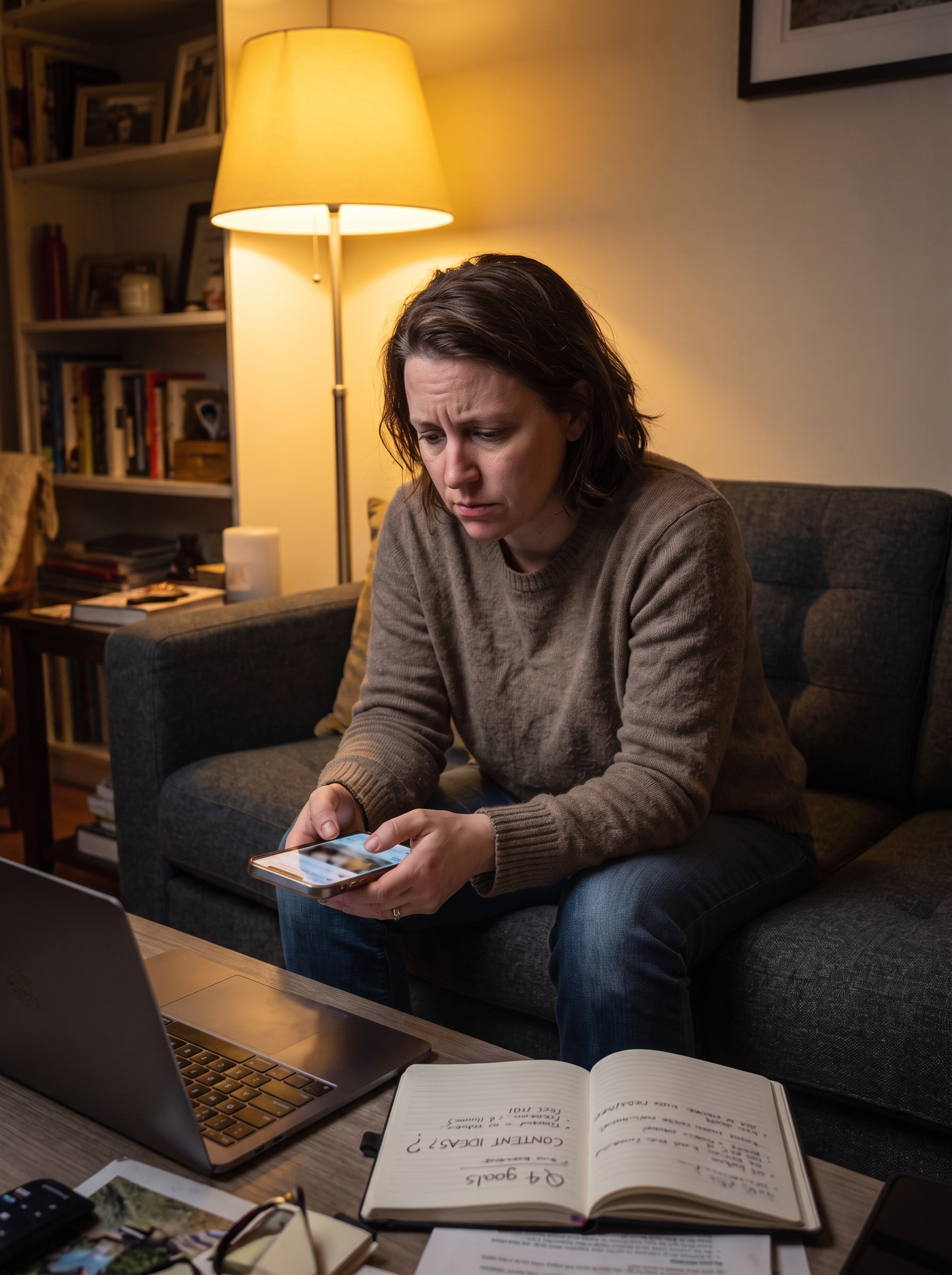 A woman frowning at her smart phone while sitting on a sofa, representing frustration while scrolling online.