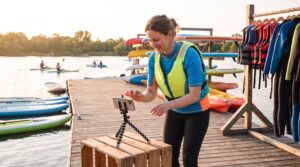 A woman setting up a smart phone on a tripod to capture some images or video for her socials