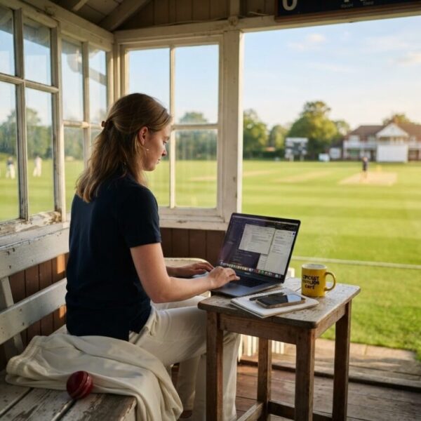 A woman sitting in a cricketing hut with a laptop, notebook, phone and mug of coffee on a small table.