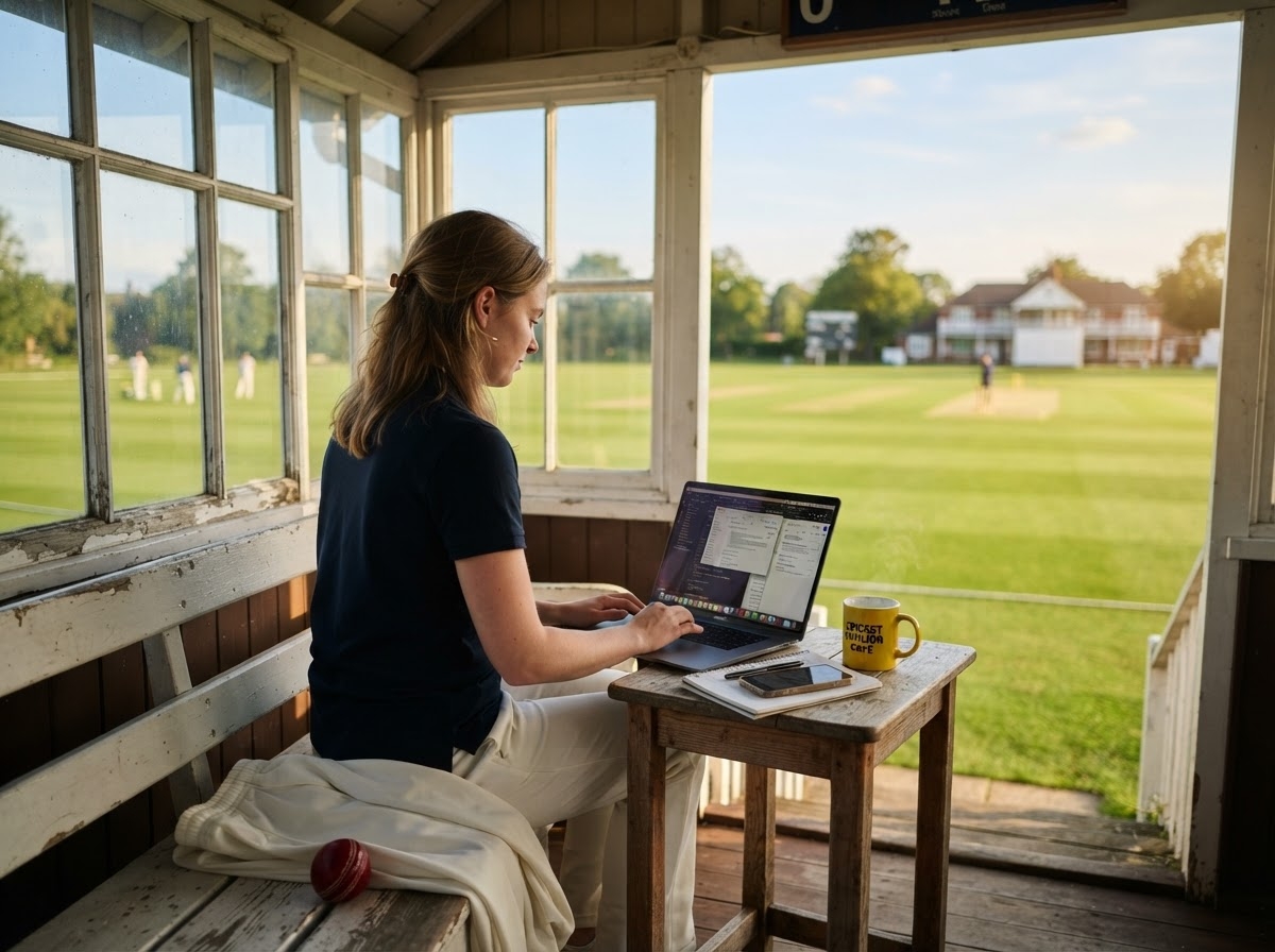 A woman sitting in a cricketing hut with a laptop, notebook, phone and mug of coffee on a small table.
